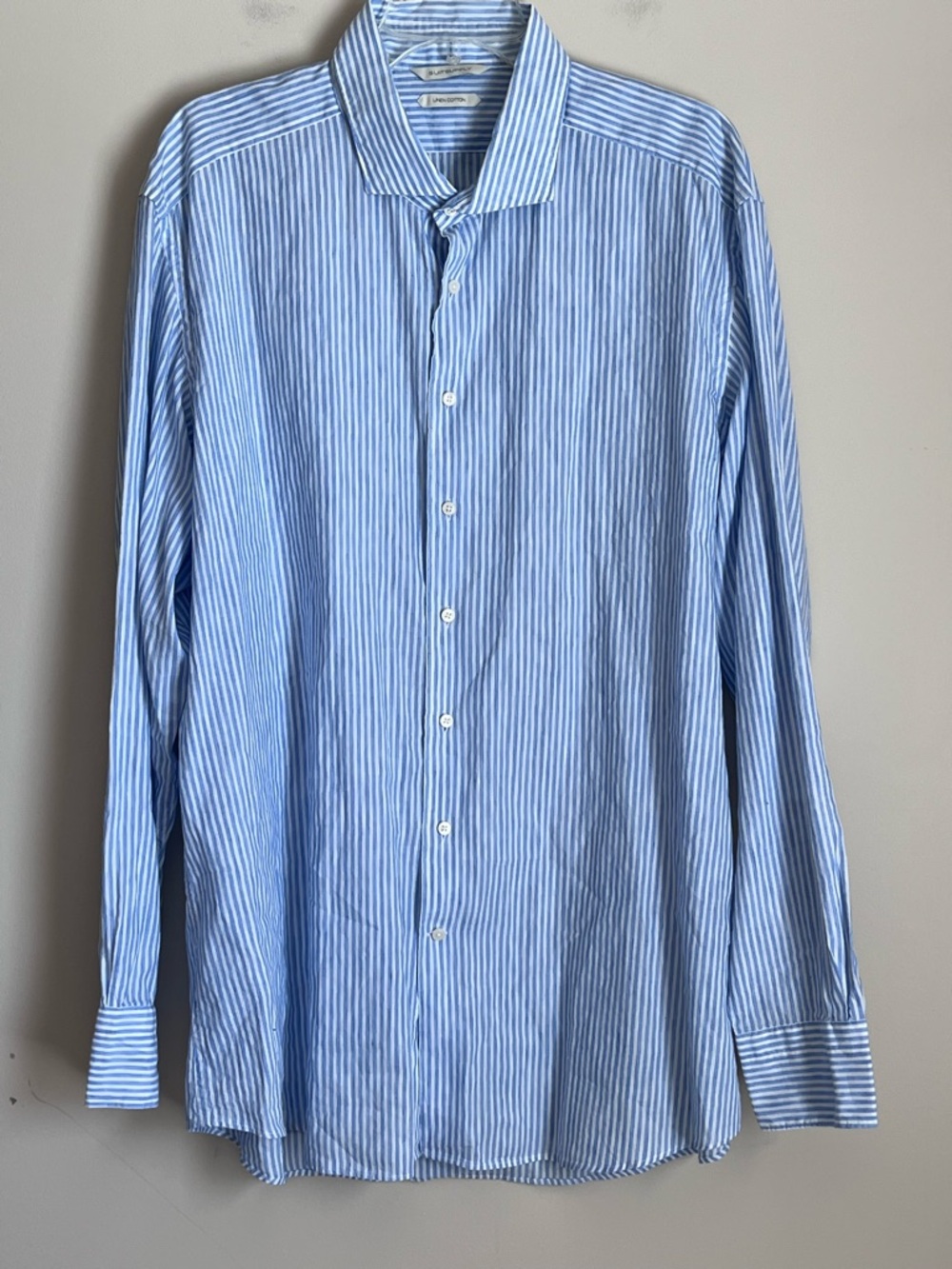 Suitsupply Linen Blend Shirt Men’s 46 18 Blue White Stripe Button Up Slim Fit